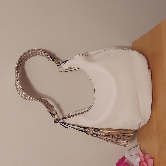 Sondra Roberts Handbags - Sondra Roberts Squared White Faux Leather Hobo Handbag w/ Metallic Braided Strap